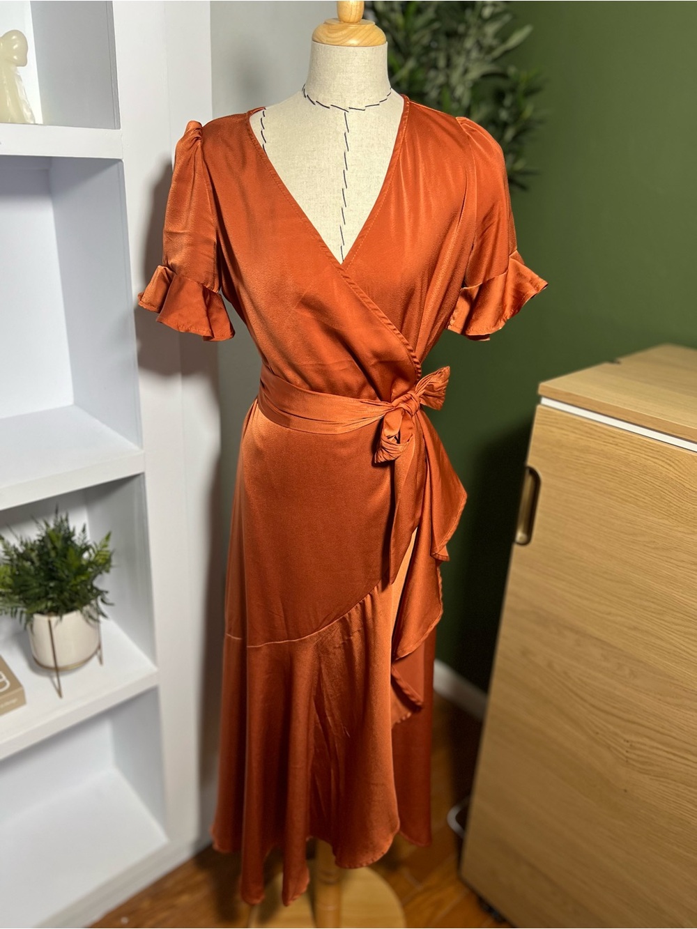 Burnt Orange Wrap Midi Dress Size M